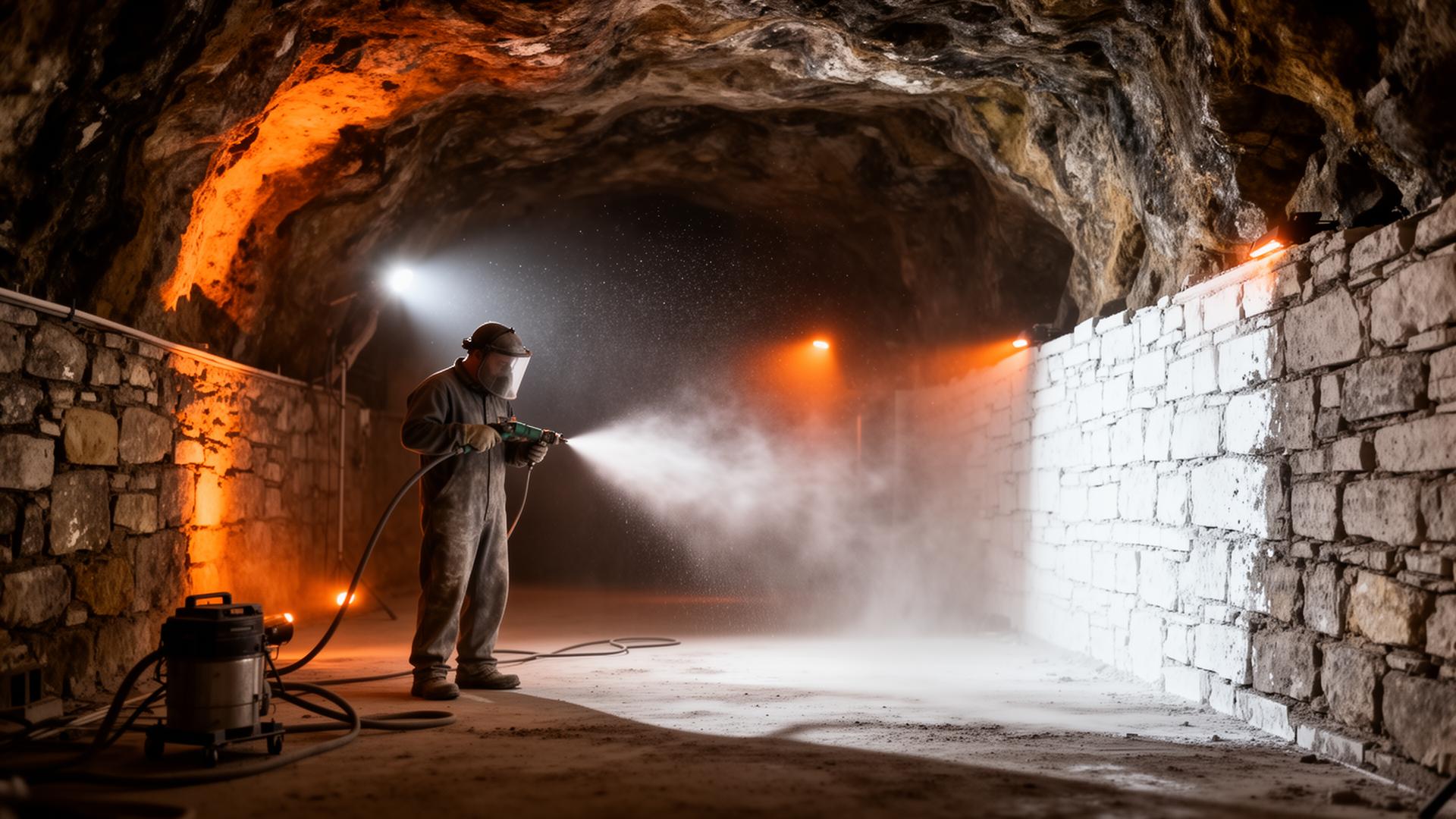 Cave voûtée en pierre calcaire restaurée par aérogommage, en Wallonie